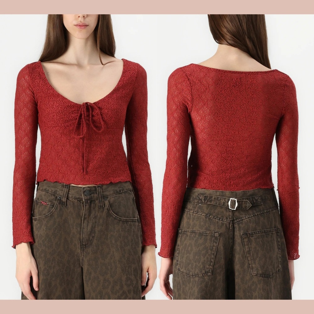 NWT $44 BDG Urban Outfitters [ Small ] Quinn‎ Tie Front Lace Top Wine 7138